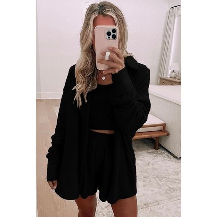 Black 3 Pcs Crop Tank Top Shorts with Cardigan Lounge Set