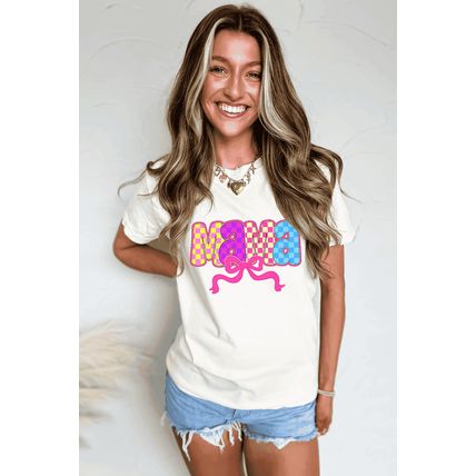 White MAMA Checkered Bow Knot Print Crewneck T Shirt