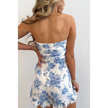 Sky Blue Floral Print Strapless Zipped Back Knot Waist Ruffled Romper