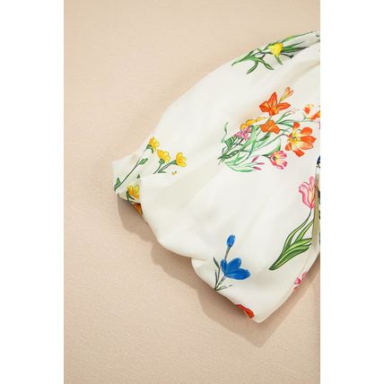 White Floral Short Puff Sleeve Contrast V Neck Print Blouse