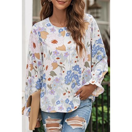 White Floral Print Sweet Lantern Long Sleeve Blouse
