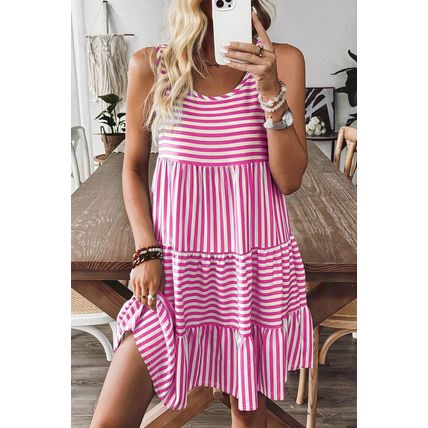 Rose Stripe U Neck Sleeveless Loose Fit Mini Dress