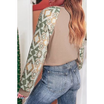 Smoke Gray Waffle Aztec Patchwork Raglan Sleeve Knit Top