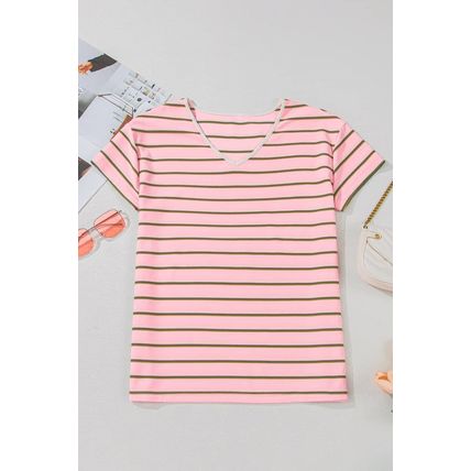 Pink Stripe V Neck Slim Fit Casual T Shirt