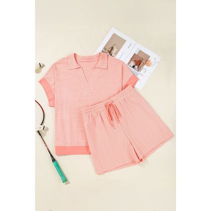 Orange Stripe Loose Polo T Shirt and Shorts Plus Size 2pcs Outfit