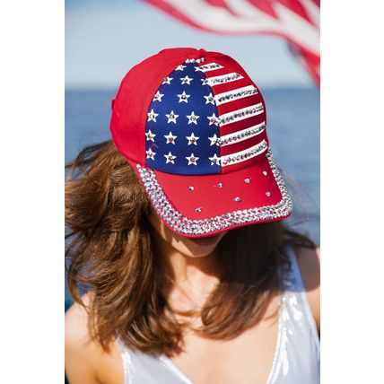Fiery Red American Flag Rhinestone Decor Baseball Cap