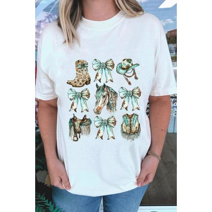 White Horse Bowknot Cowgirl Fashion Print Crewneck Tee