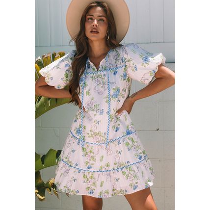 Pink Floral Striped Print Contrast Trim Tie Split Neck Mini Dress