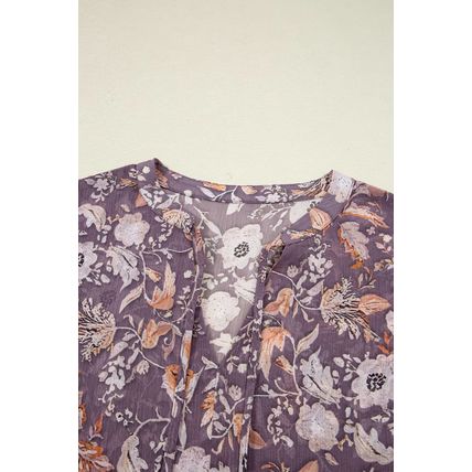 Blue Boho Flower Print 3/4 Sleeve Babydoll Blouse
