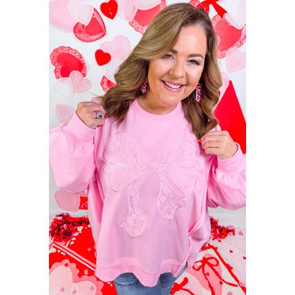Pink Big Bow Lace Embroidered Dolman Sleeve Slit Plus Size Sweatshirt
