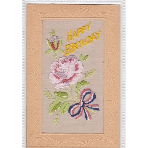 Patriotic Silk Postcard Showing Flower Happy Birthday (SIL556)