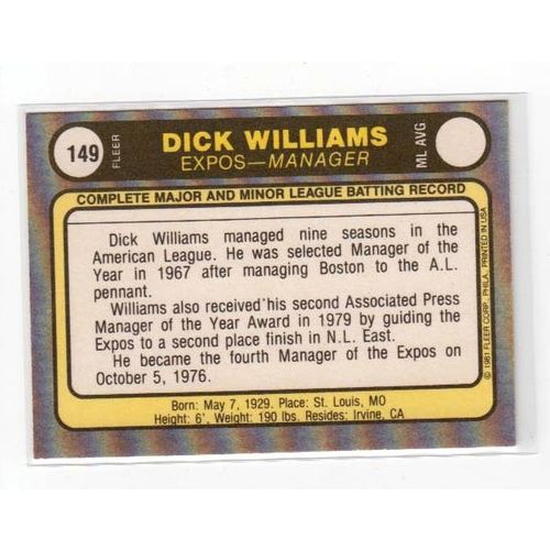 1981 Fleer Dick Williams baseball card #149 -NM- Expos