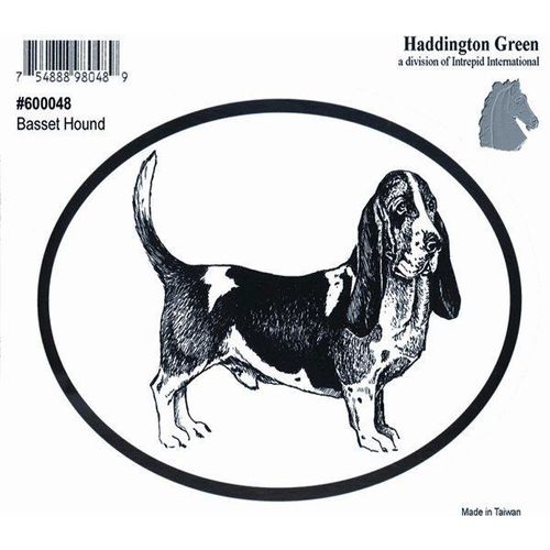 Dog Breed Oval Vinyl Car Decal Black & White Sticker - Basset Hound