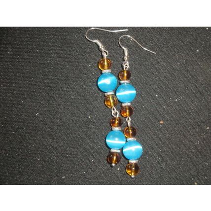 Vibrant baby blue cats eye & amber yellow crystal glass long swing earrings