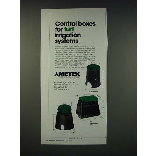 1990 Ametek Plymouth Irrigation Boxes Ad - Control boxes for turf irrigation