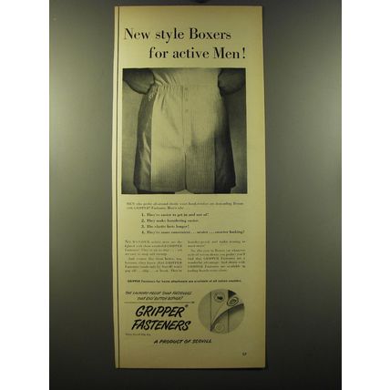 1950 Scovill Gripper Fasteners Ad - New style boxers for active men