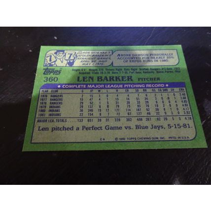 1982 Topps Card # 360A Len Barker Excellent-Mint (6) Cleveland Indians