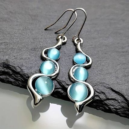 Sea Blue Cat's Eye Faux Gemstone Wavy Drop Earrings + Free Gift Bag