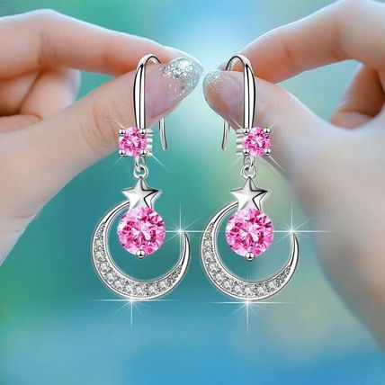 Star Moon Earrings with White Sapphire & Pink Artificial Dangle (2)