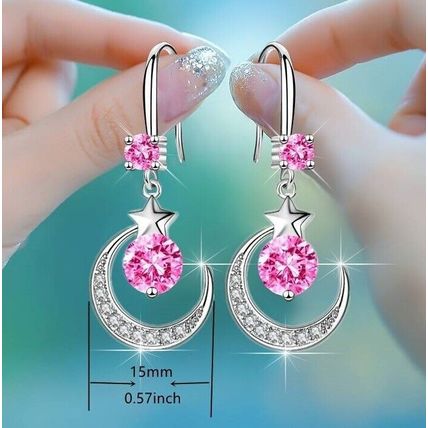 Star Moon Earrings with White Sapphire & Pink Artificial Dangle (2)