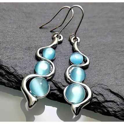 Sea Blue Cat's Eye Faux Gemstone Wavy Drop Earrings + Free Gift Bag