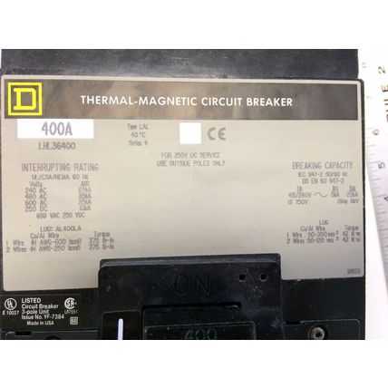 NEW OLD SQUARE D LHL36400 THERMAL-MAGNETIC CIRCUIT BREAKER 600V 400A ,TN