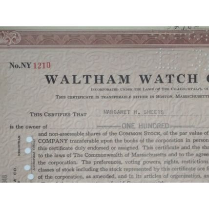 Vintage 1946 Certificate 100 Shares Waltham Watch Co , Signed, 20.5 x 30.5 cm
