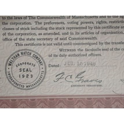 Vintage 1946 Certificate 100 Shares Waltham Watch Co , Signed, 20.5 x 30.5 cm