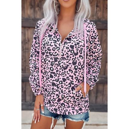 Leopard Print Zipper Kangaroo Pocket Pullover Hoodie