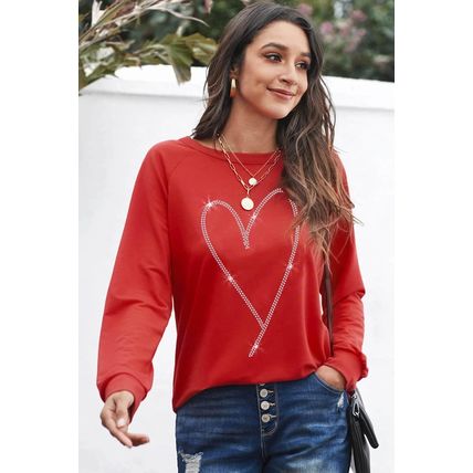 Fiery Red Rhinestone Heart Shaped Long Sleeve Sweatshirt