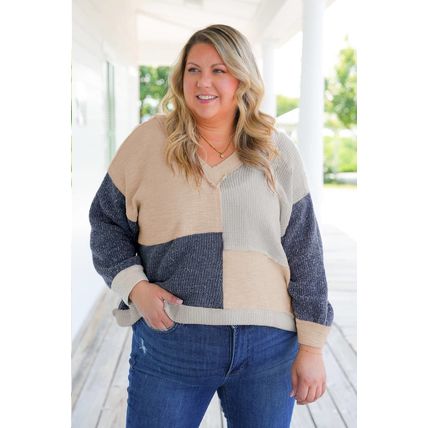 Ashleigh Blue Plus Size Textured Colorblock Patchwork V Neck Top