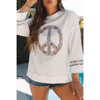 Jet Stream Floral Peace Sign Graphic Drop Shoulder Wide Sleeve Casual Top