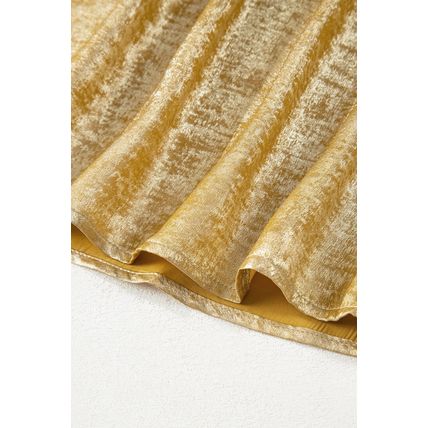 Gold Glossy Round Neck Pleated Detail Short Sleeve Blouse