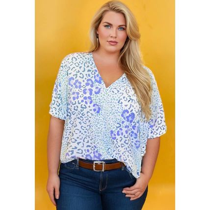 Sky Blue Leopard Print Short Sleeve V Neck Plus Size Top