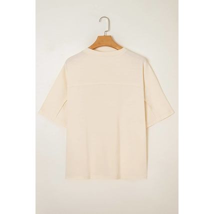 Apricot Flower Patched Exposed Stitching Trim Crew Neck Loose Tee