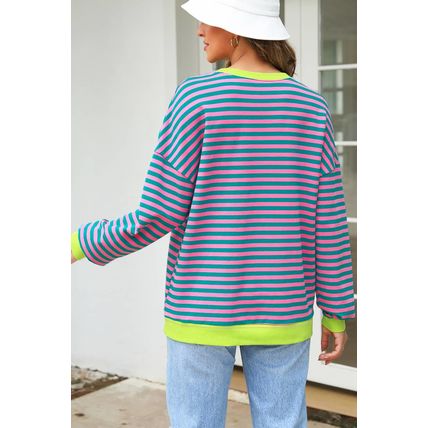 Rose Stripe Contrast Ribbed Trim Crossed Stitch Drop Shoulder Sweatshirt