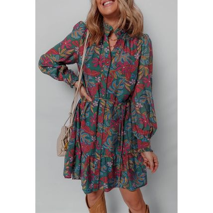 Green Floral Friled V Neck Puff Sleeve Ruffled Shirt Dress