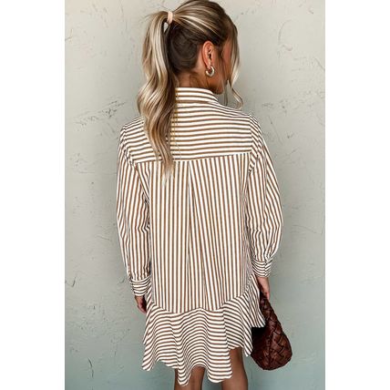 Brown Stripe Ruffled Hem Collared Long Sleeve Shirt Mini Dress