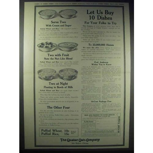 1913 Quaker Puffed Wheat & Rice Ad - Let Us Buy