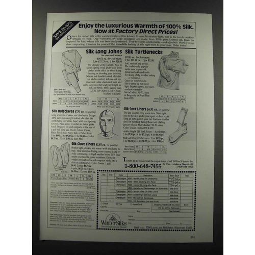 1986 WinterSilks Long Johns, Turtlenecks, Balaclavas, Sock and Glove Liners Ad