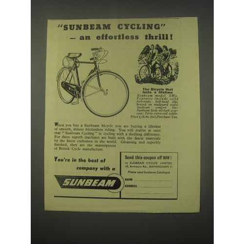 1949 Sunbeam Model SW3 Bicycle Ad - Sunbeam Cycling - an effortless thrill