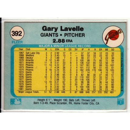 1982 Fleer baseball card 392 Gary Lavelle– Giants