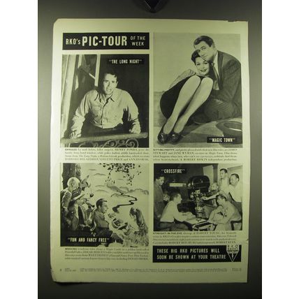 1947 RKO Movies Ad - The Long Night, Magic Town, Fun and Fancy Free and Crossfir