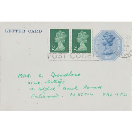 GB circa 1975 letter card prepaid 4 and half p with added stamps to Preston