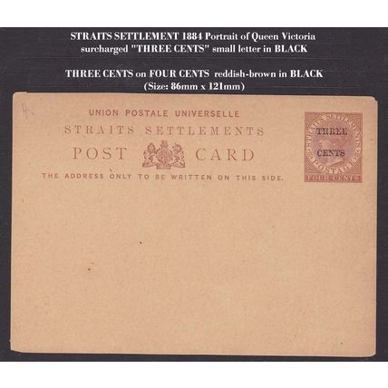 Straits Settlements 1884 Queen Victoria 3c on 4c PC 'small letter' (HG 4)