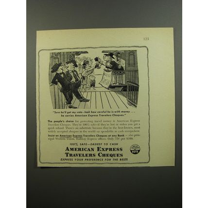 1952 American Express Travelers Cheques Ad - Sure he'll get my vote