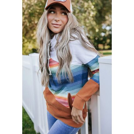 Brown Striped Colorblock Pocketed Hoodie