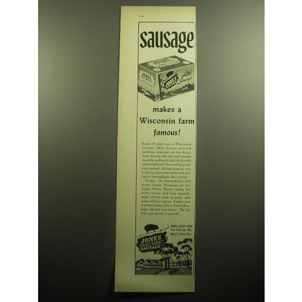 1958 Jones Dairy Farm Sausage Advertisement - makes a Wisconsin farm famous