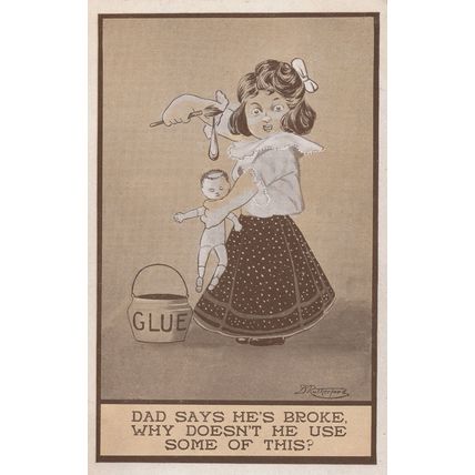 Child Mending Broken Toy Doll With Glue Repair Old Postcard