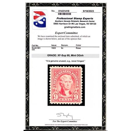 561, Mint XF/Superb NH 9¢ - With Graded 95 PSE Certificate - Stuart Katz
